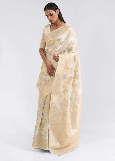 RICH IVORY BEIGE WOVEN LINEN SILK SAREE (6757868601537)