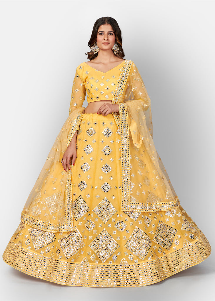 Hand Embroidered Bright Yellow And Orange Net Lehenga Set – Saris and Things