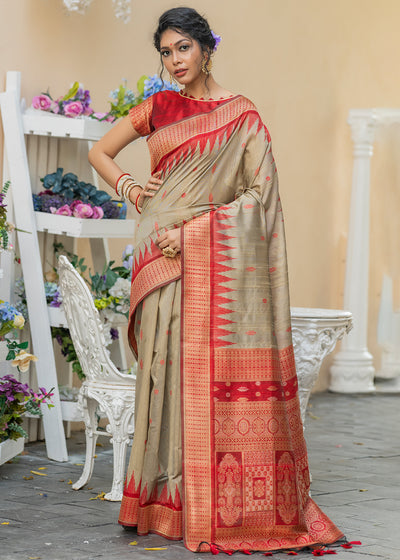 EARTHY BEIGE AND RED SOUTH TUSSAR TEMPLE BORDER SILK SAREE (6710044131521)