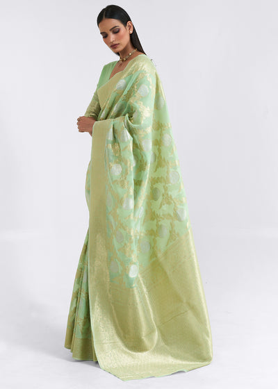 KELLY GREEN WOVEN LINEN SILK SAREE (6757870141633)