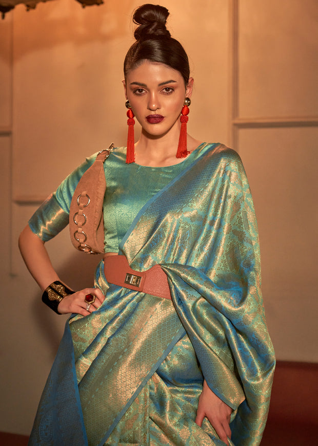 Horizon blue dual tone Kanjivaram silk saree with dual colour woven shimmer