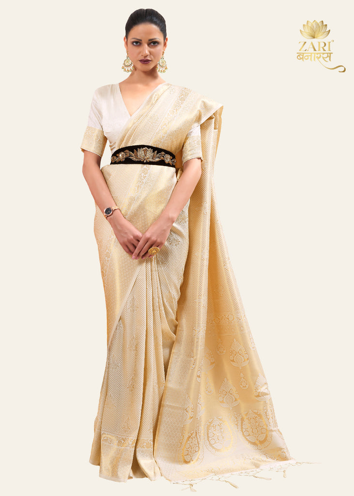 IMPERIAL GOLDEN IVORY WOVEN KANJIVARAM SAREE (6920107491521)