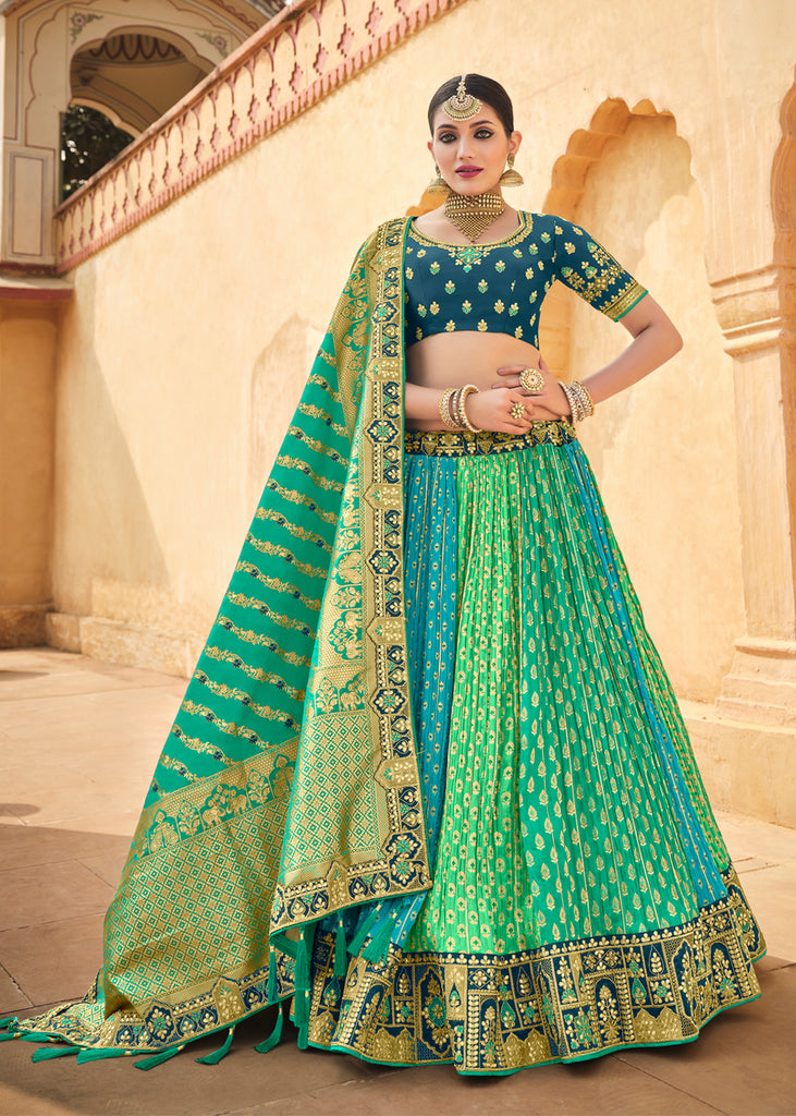 Golden with Green Colored Netted Fabric Lehenga at Rs 3260 | Gandhipuram |  Coimbatore | ID: 13741353630