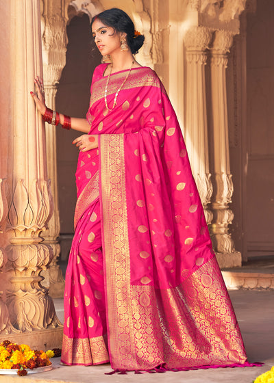 SHOCKING PINK BANARASI BROCADE SAREE WITH BROCADE BLOUSE (6717927424193)
