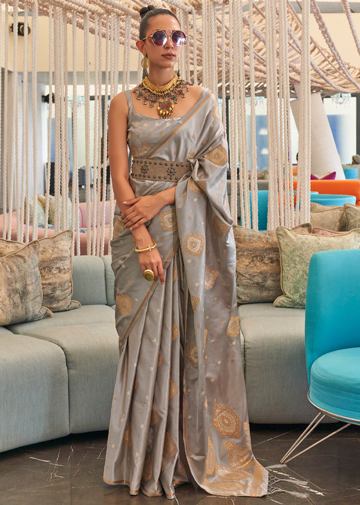 CRYSTAL GREY BRONZE ZARI WOVEN SATIN SILK SAREE (7548073148609)