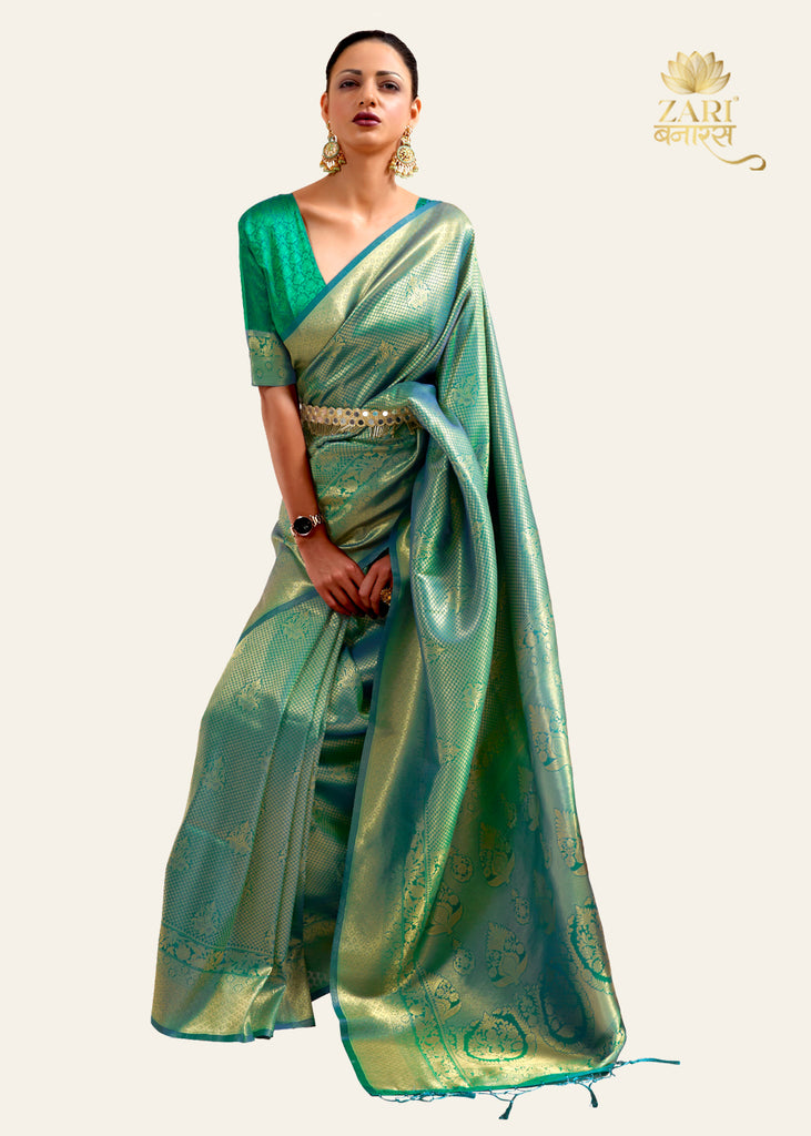 IMPERIAL GOLDEN GREEN WOVEN KANJIVARAM SAREE (6920124170433)