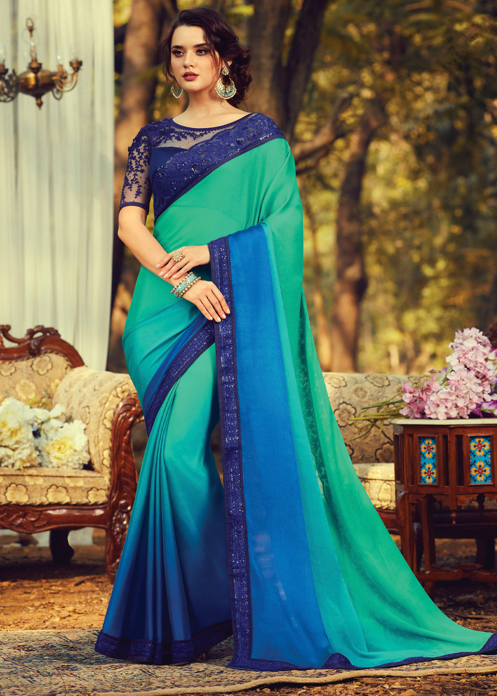 RE - Teal Green Coloured Sequence Work Designer Saree
