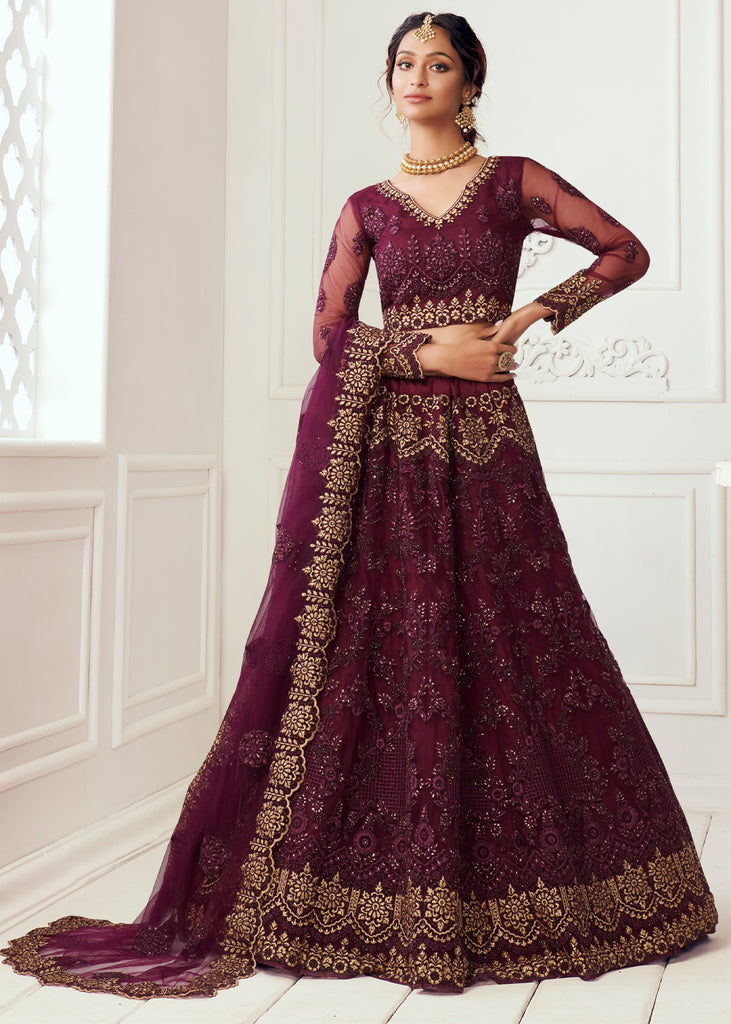 WINE PURPLE HEAVY EMBROIDERED LEHENGA (6669275824321)