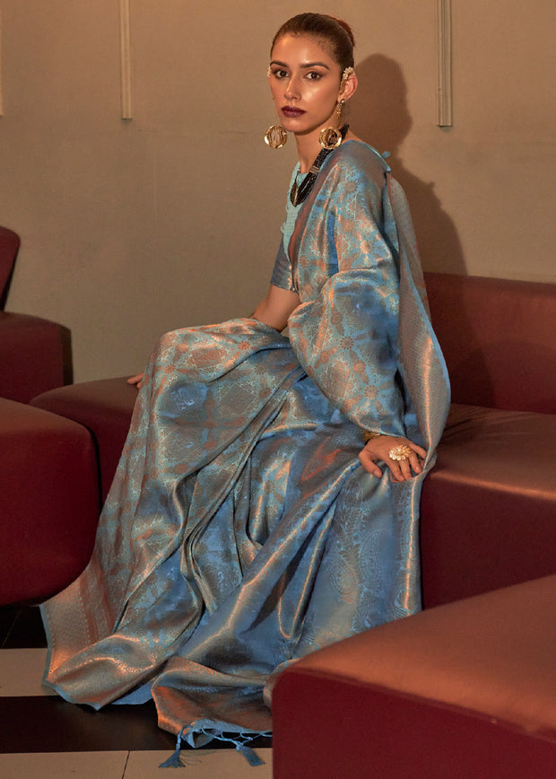 Vista blue dual tone Kanjivaram silk saree with layered woven colour shimmer