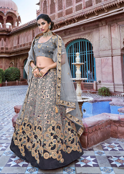 GREY EMBROIDERED LEHENGA WITH EMBROIDERED BLOUSE AND DUPATTA (6049660371137)