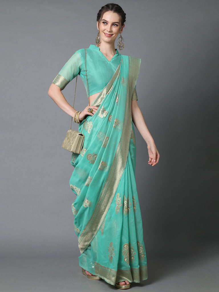 POOL GREEN WOVEN BANARASI SILK SAREE (6868419707073)