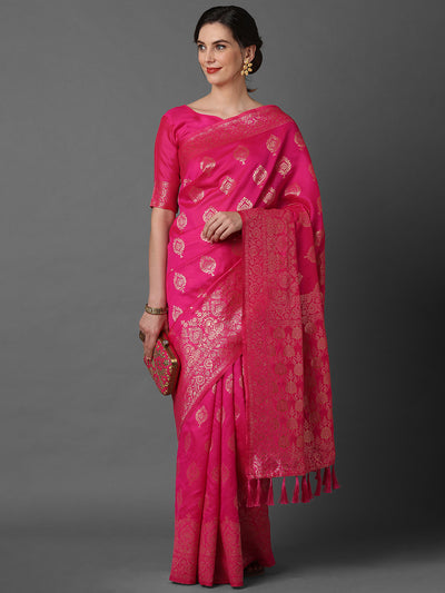 RASPBERRY PINK WOVEN BANARASI SILK SAREE (6871556325569)