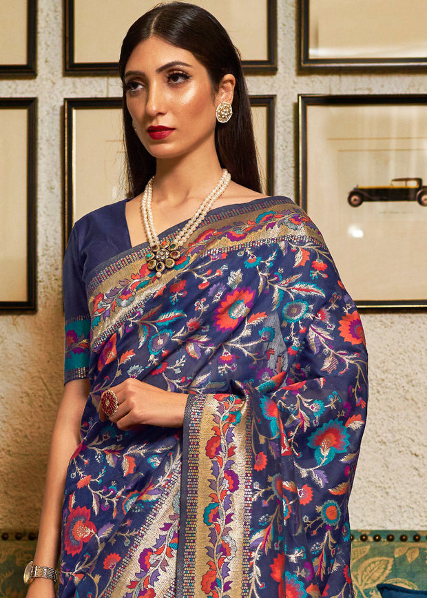 Royal Blue Woven Jamewar Banarasi Saree (5893577179287)