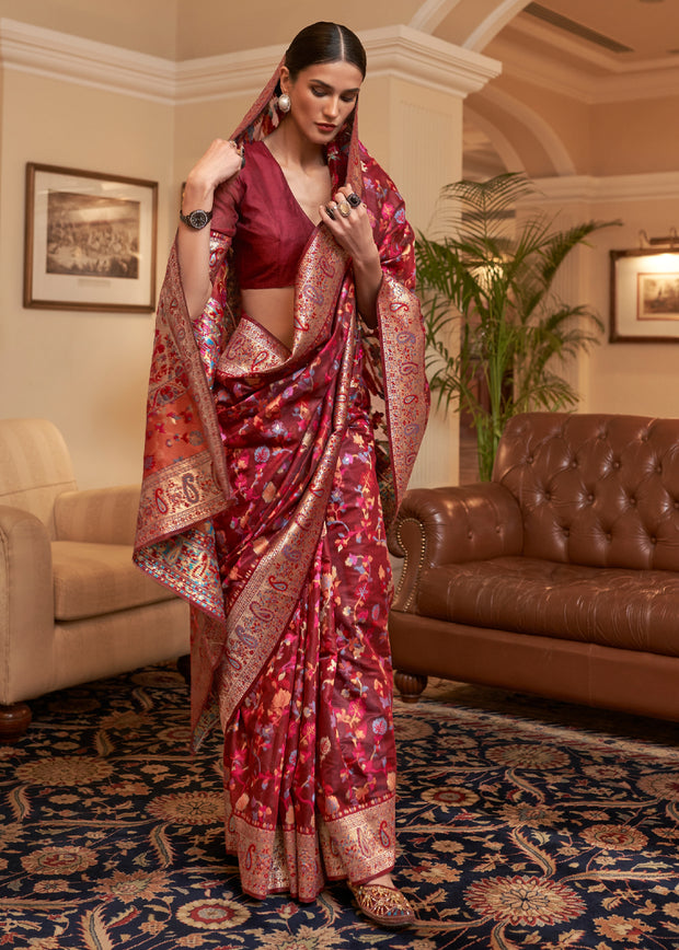 Multicolour MAROON WOVEN JAMEWAR BANARASI SAREE (7182442430657)