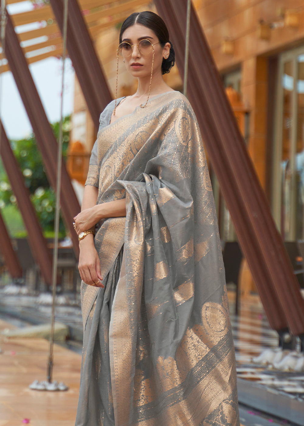 Grey With Silver Zari Weaved Banarasi Silk Saree With All Over Zari Woven  Ethnic Motifs Pattern With Blouse Piece
