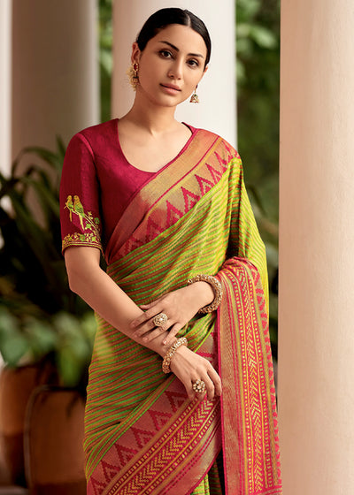 FRESH GREEN AND RED BRASSO PRINT SAREE WITH EMBROIDERED BLOUSE (6944789954753)