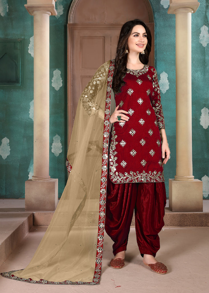 HOT RED MIRROR WORK SEMI STITCHED SUIT (6879164203201)