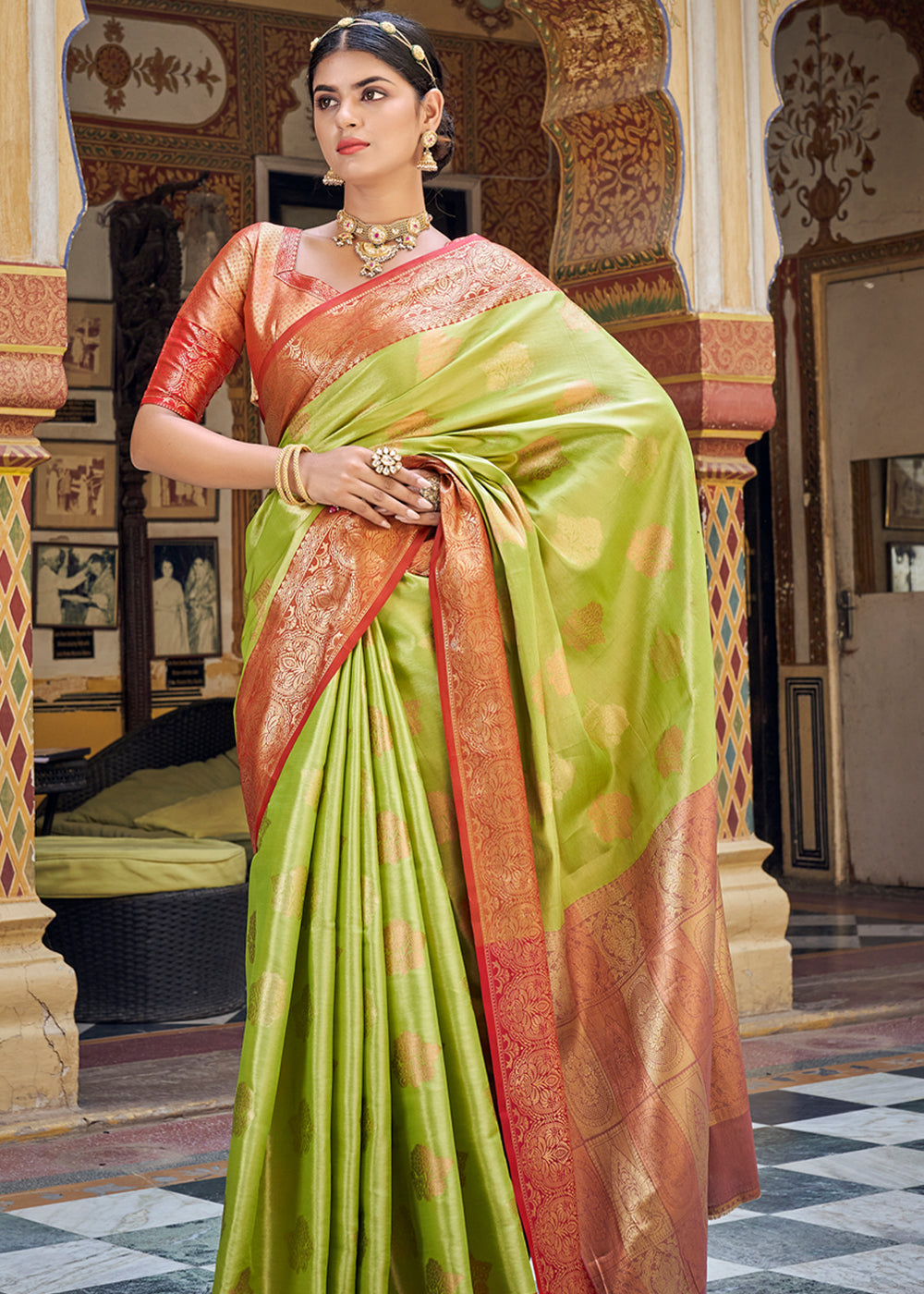 Light Green Kanjeevaram Silk Saree With Dark Green Border - Tulsi Weaves