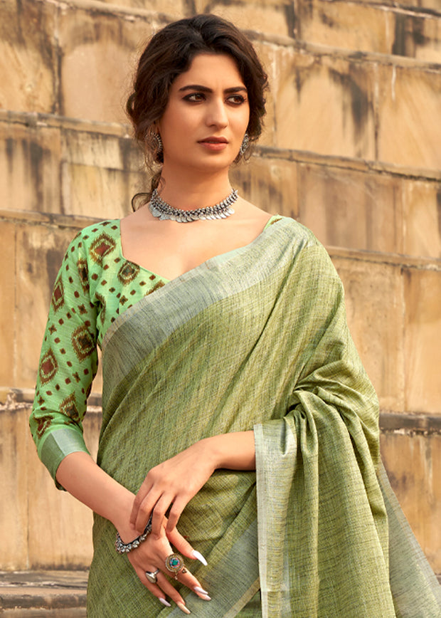 MINT GREEN WOVEN LINEN SAREE WITH KHADI PRINT BLOUSE (6713079791809) (10714426605761)
