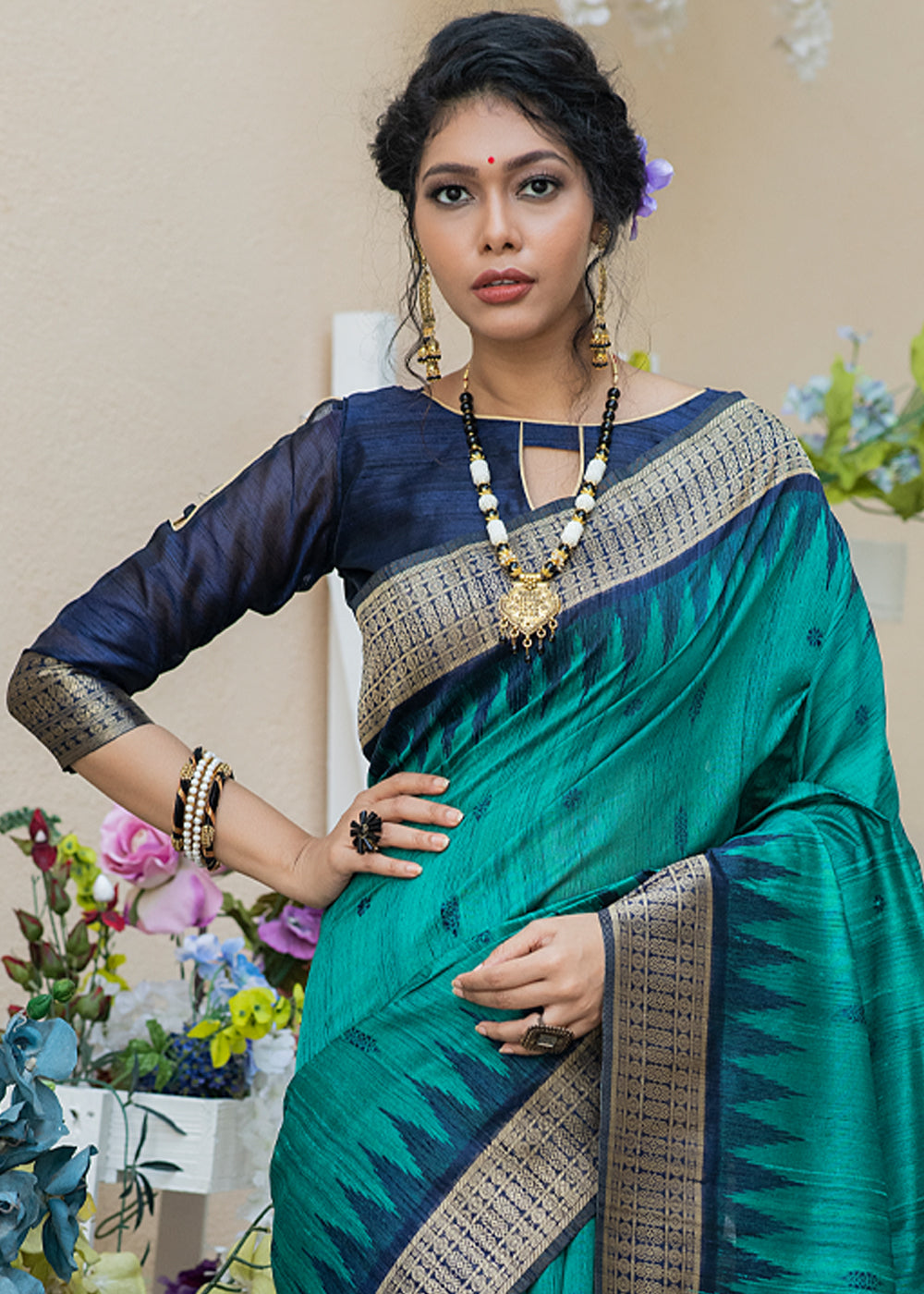 The Perfect Occasion Look  Peacock Green Silk Saree and Contrast Blouse