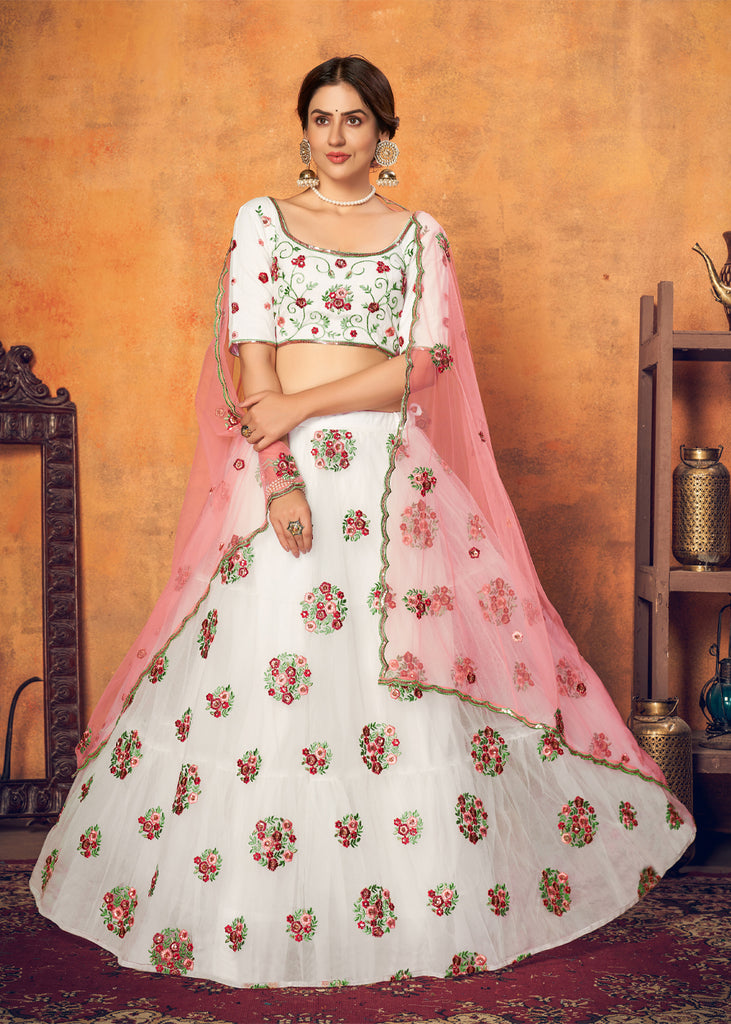 PURE WHITE EMBROIDRED DESIGNER LEHENGA (6928567075009)