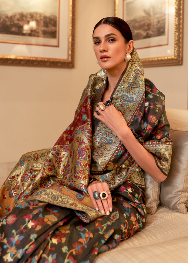 OMBRE BLACK MUTLICOLORED WOVEN JAMEWAR BANARASI SAREE (7182430142657)