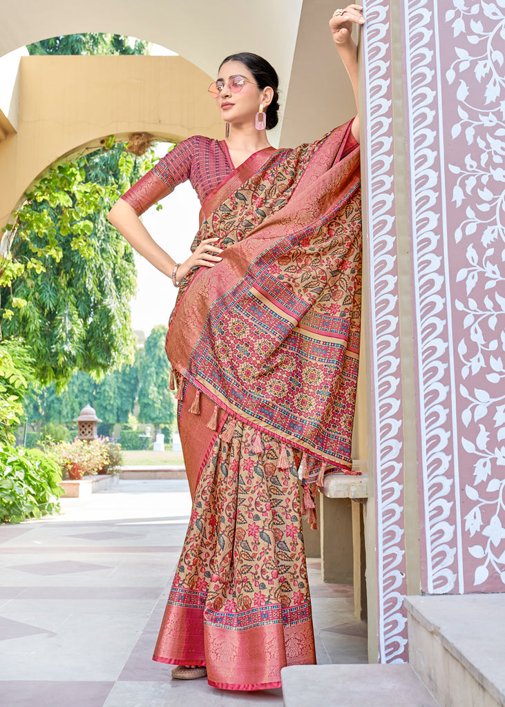 Red Banarasi Silk Saree Contrast Green Lace Border