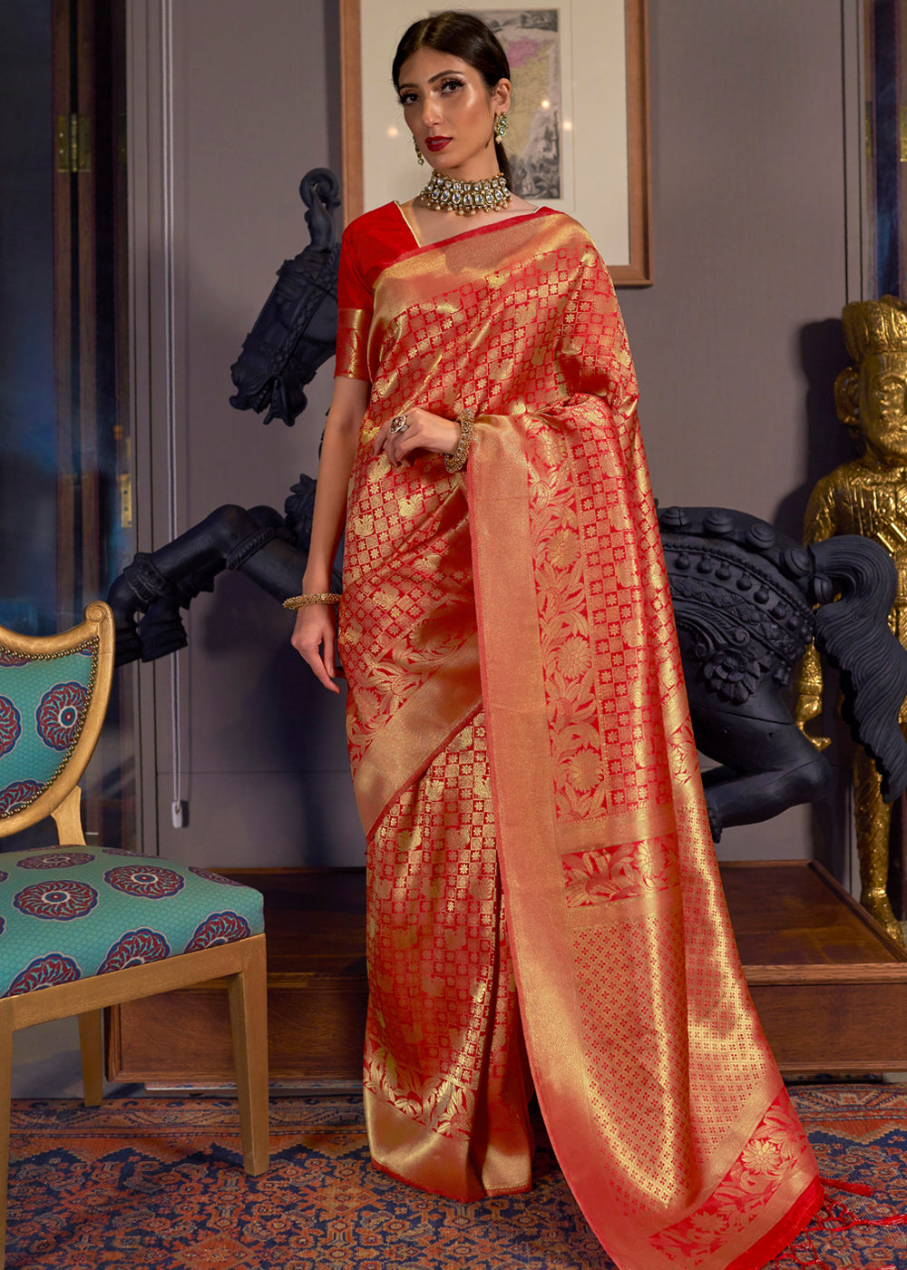 Royal Princess Golden Red Woven Kanjivaram Saree – Zari Banaras