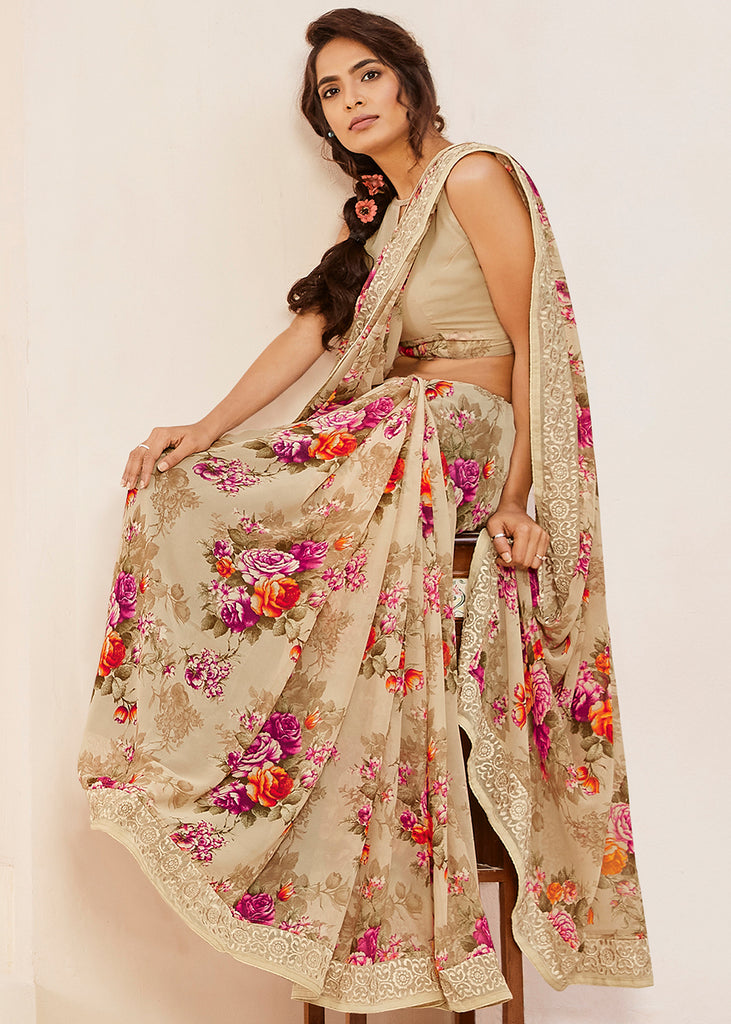 BEAUTIFUL BEIGE PRINTED SAREE WITH EMBROIDARY (6652163195073)