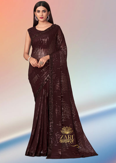 CHOCOLATE BROWN GEORGETTE HEAVY SEQUINS EMBROIDERY SAREE (7589254496449)