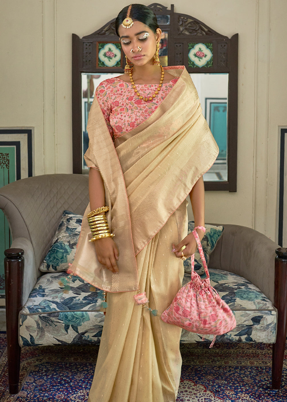 Buy Wedding Wear Beige Embroidery Work Dola Silk Saree Online From Surat  Wholesale Shop.