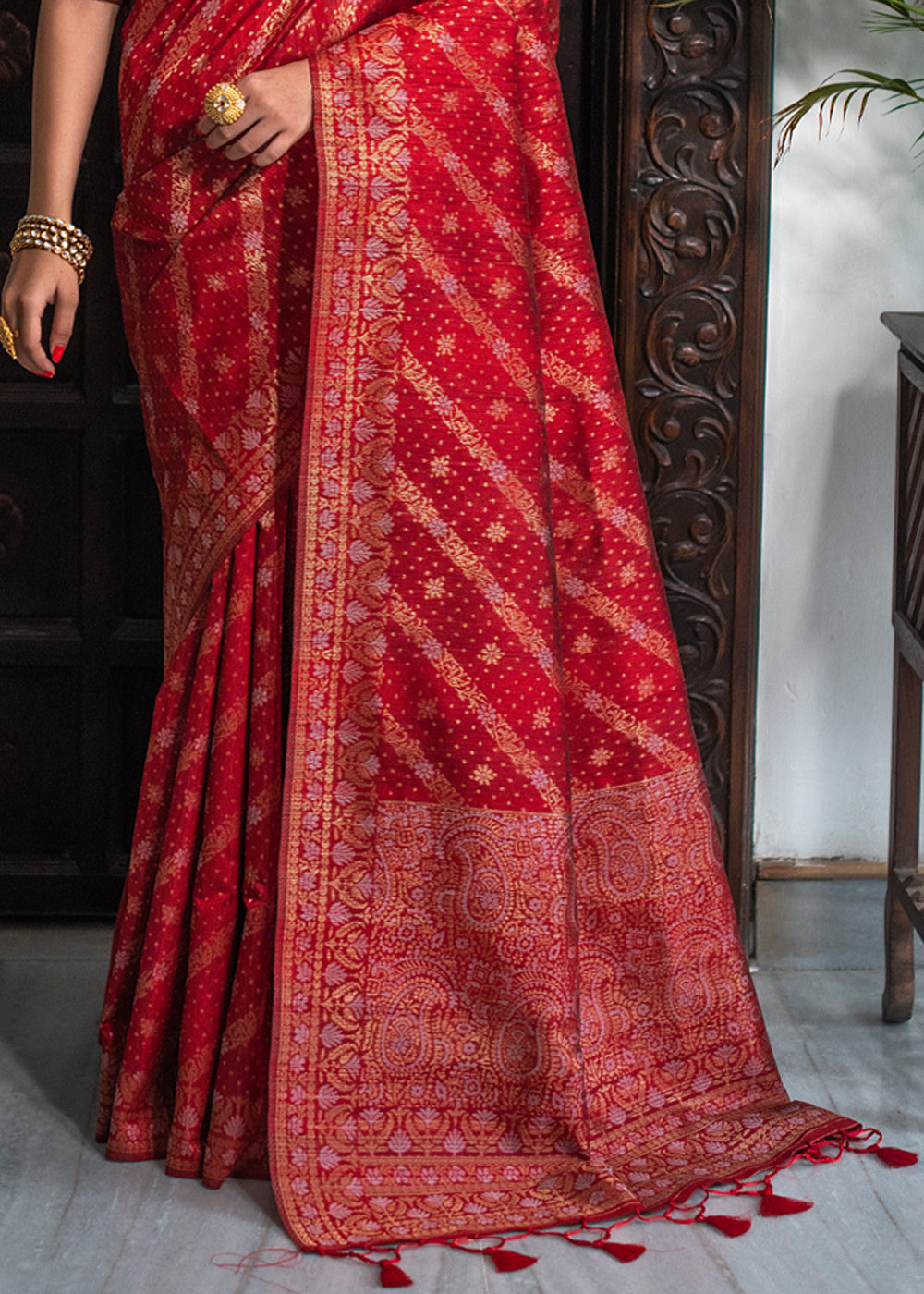 Cherry Red Banarasi Silk Saree | Sudathi