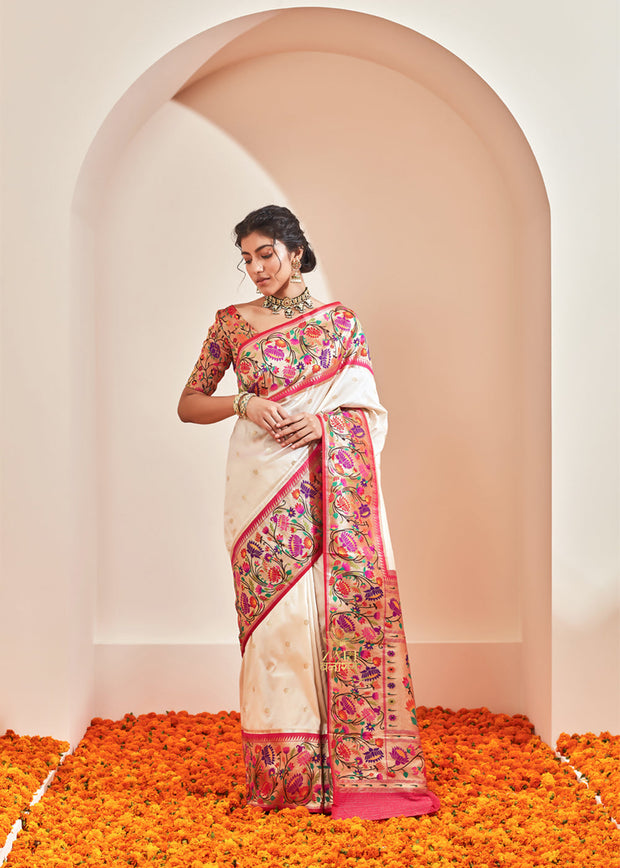Kamalya (Pre-Order) : Paithani Saree in Shades of White and Classic Lotus Motifs Border (6894194393281) (7586833989825)