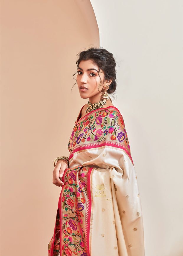 Kamalya (Pre-Order) : Paithani Saree in Shades of White and Classic Lotus Motifs Border (6894194393281) (7586833989825)