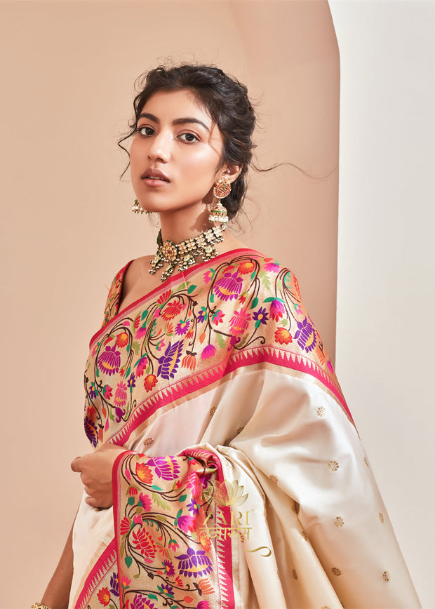 Kamalya (Pre-Order) : Paithani Saree in Shades of White and Classic Lotus Motifs Border (6894194393281) (7586833989825)