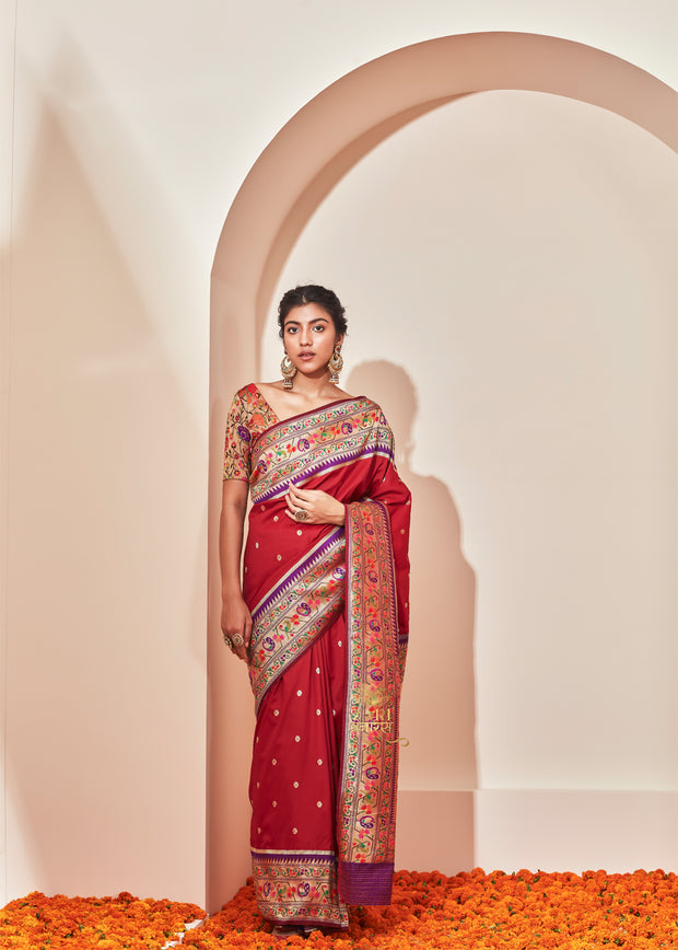 Morbagh : Paithani Saree in the Shades of Red and Golden Festive Border (6894222409921)