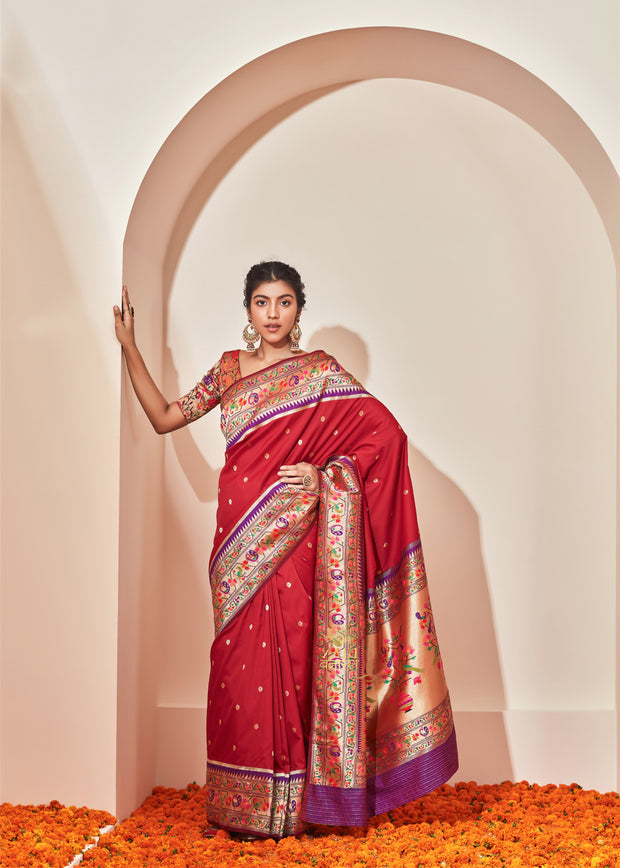 Morbagh red Paithani silk saree with golden festive border and peacock motifs