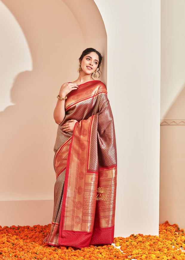 Kanakam (Pre-Order): Kanjivaram Kadhwa Weave Saree in the shades of Golden Purple and Red (6894241972417)