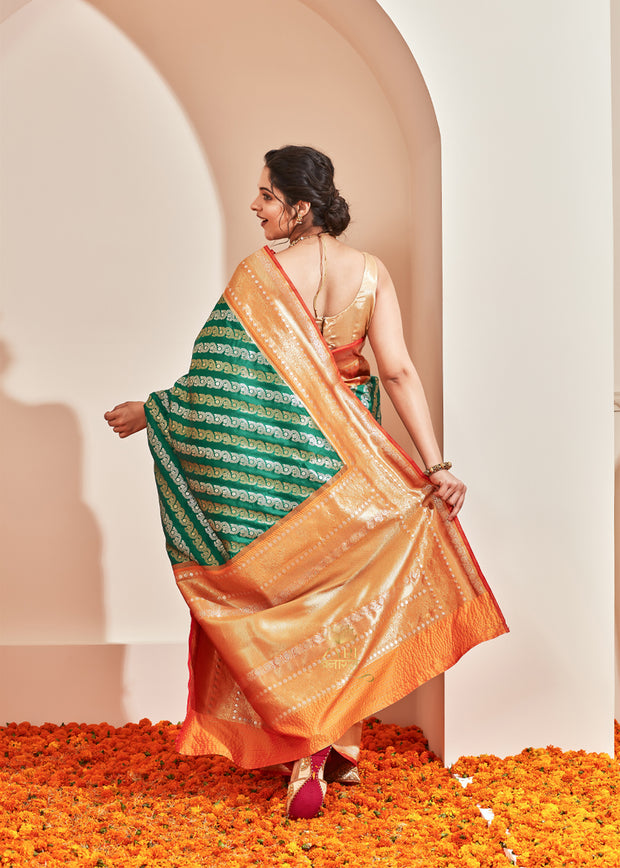 Ananda (Pre-Order): Silver and Gold Zari Striped Kanjivaram Saree in the Shades of Forest Green and Yellow (6894245675201)