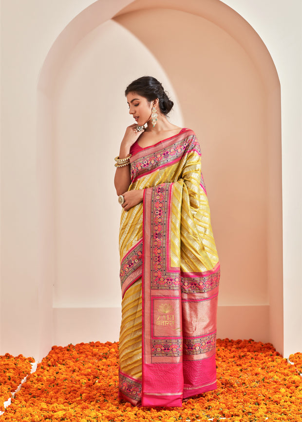 Ikat (Pre-Order): Kanjivaram saree in the shades of Green and Pink with a Patola Border (6894255079617)