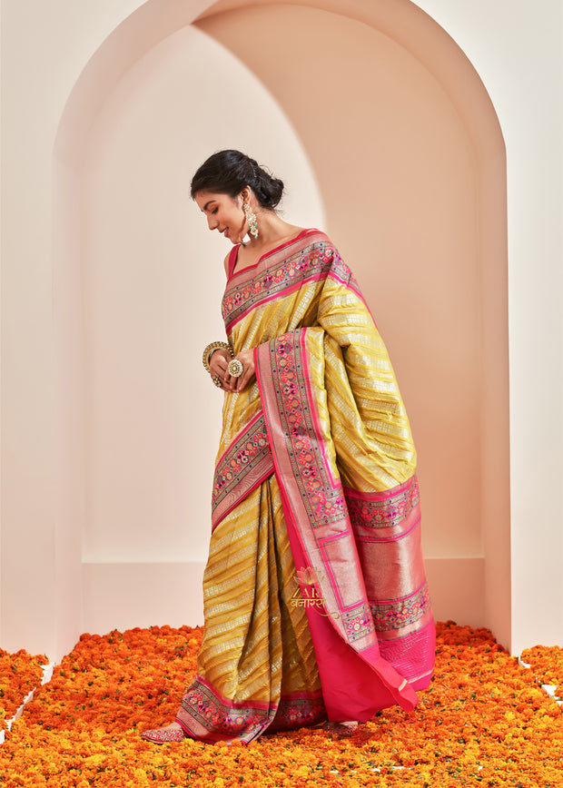 Ikat green and pink Kanjivaram silk saree with double-ikat Patola motif border