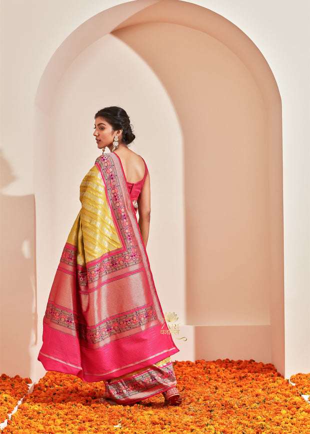 Ikat (Pre-Order): Kanjivaram saree in the shades of Green and Pink with a Patola Border (6894255079617)