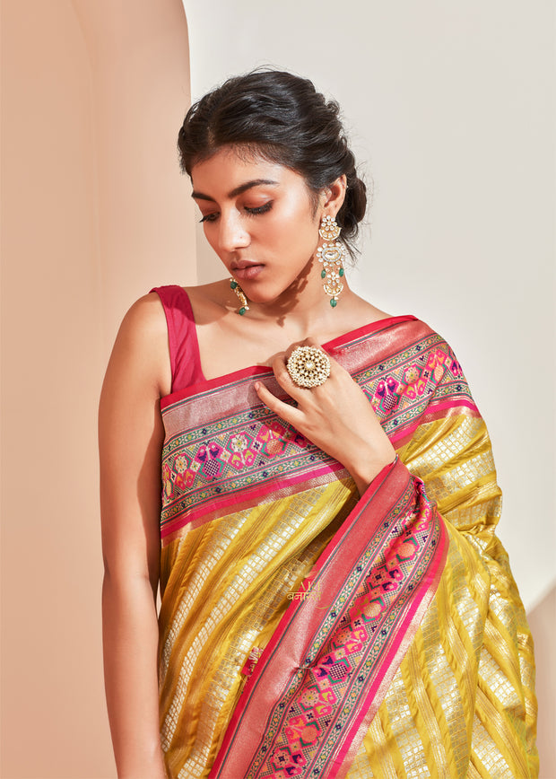 Ikat (Pre-Order): Kanjivaram saree in the shades of Green and Pink with a Patola Border (6894255079617)