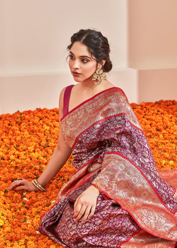 Vanya purple Shikargah Kanjivaram silk saree with woven animal motifs and red border