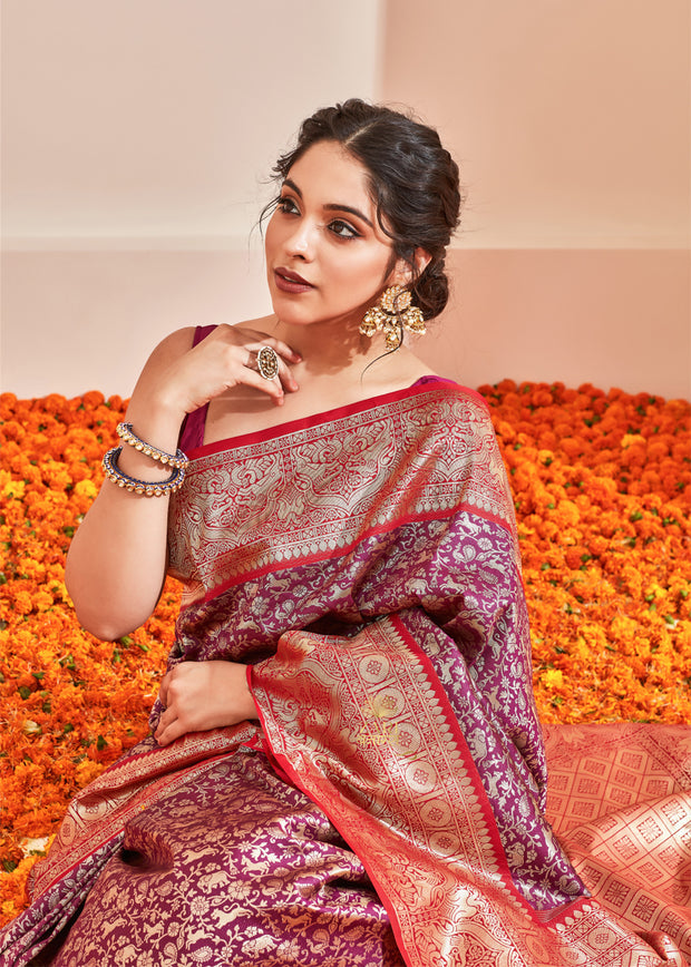 Vanya: Shikargah Kanjivaram Saree in the Shades of Purple and Red (6894275264705)