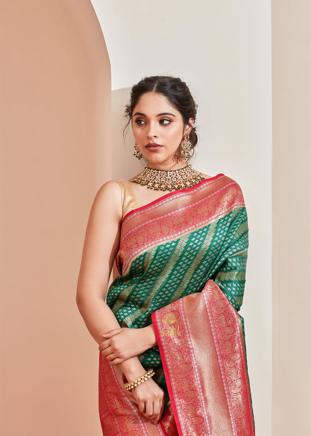 Devica (Pre-Order): Kanjivaram Saree with Diamond Twill in the Shades of Green and Pink (6894286241985)