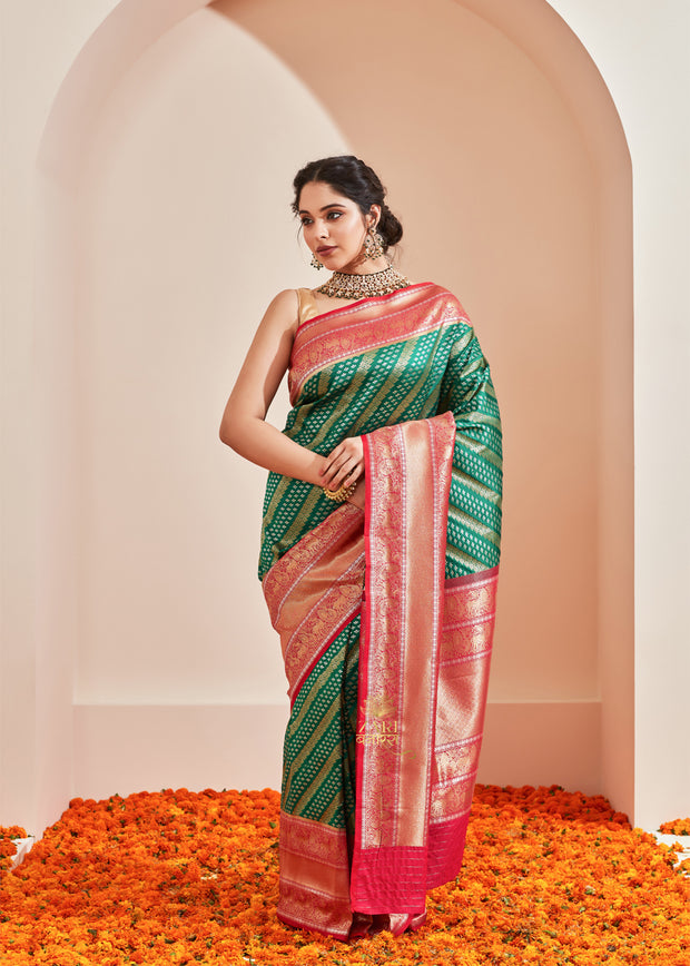Devica (Pre-Order): Kanjivaram Saree with Diamond Twill in the Shades of Green and Pink (6894286241985)