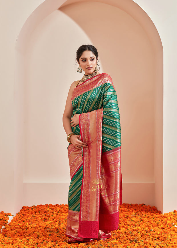 Devica (Pre-Order): Kanjivaram Saree with Diamond Twill in the Shades of Green and Pink (6894286241985)