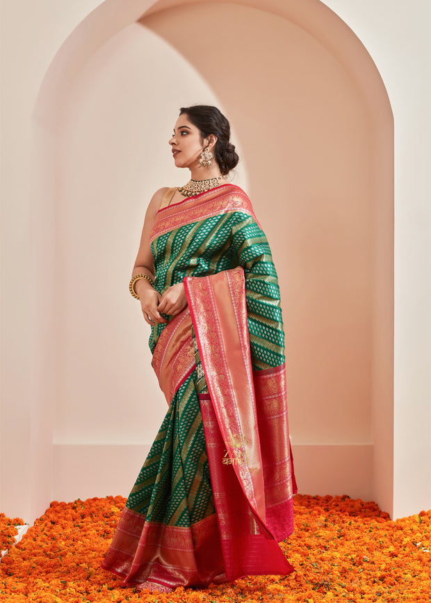 Devica (Pre-Order): Kanjivaram Saree with Diamond Twill in the Shades of Green and Pink (6894286241985)
