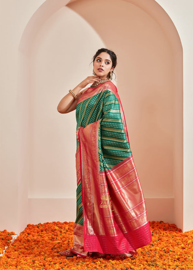 Devica green and pink Kanjivaram silk saree with diamond twill weave structure